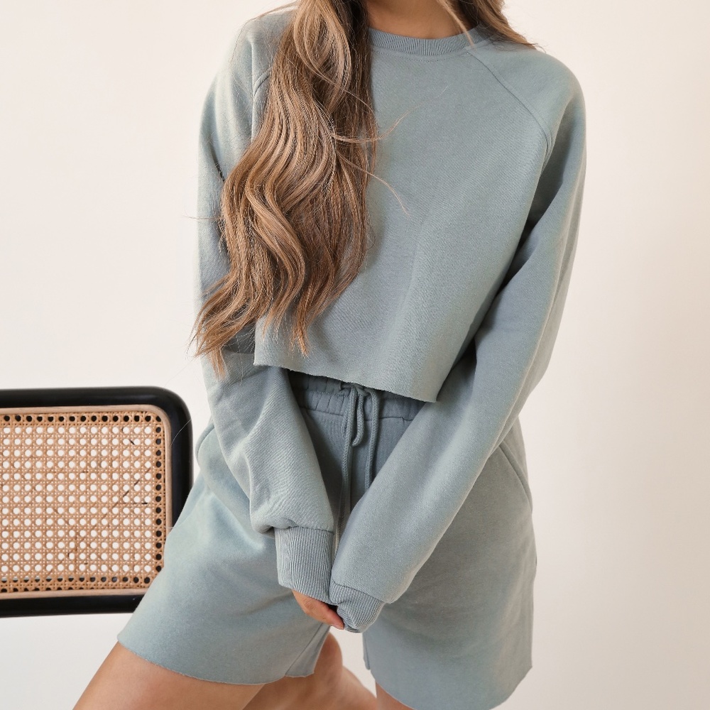 DUSTY SAGE GREEN CROP SWEATER SHORTS SET